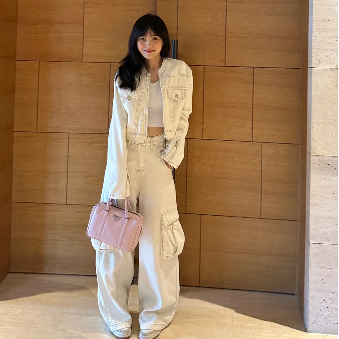 井迪儿【浮雕感】套装～韩版秋休闲牛仔外套&口袋设计工装牛仔裤套装