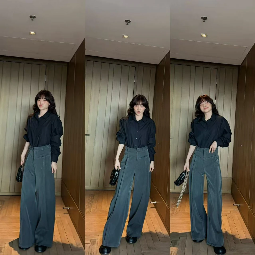 井迪儿【你的眼神】高级百搭气质休闲垂感拖地宽松压褶阔腿西装裤