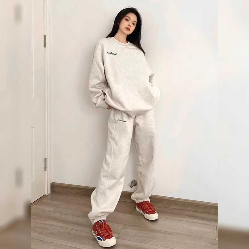 美式oversize运动套装女秋冬灰色港风宽松圆领卫衣卫裤休闲两件套