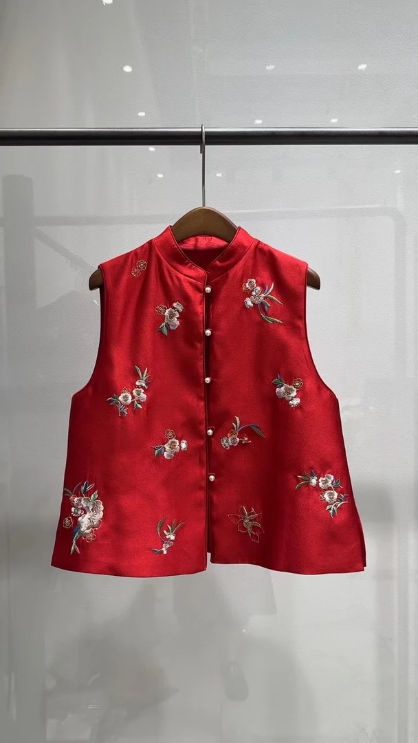 【古梵孜】2426秋冬马甲立领时尚丝毛刺绣马夹红色中国风民族风中式