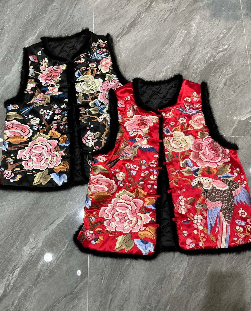 【古梵孜】水貂毛夹棉重工繁花刺绣气质加棉马甲