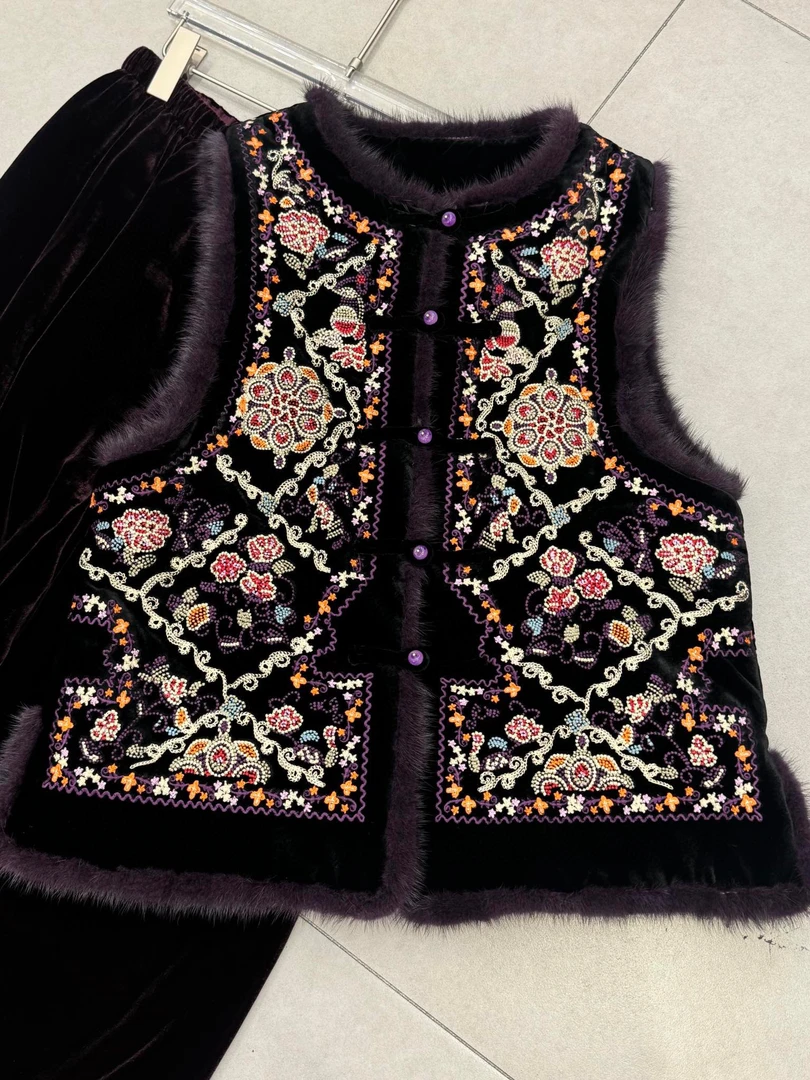 【古梵孜】金丝绒重工打籽绣拼水貂毛夹棉马甲
