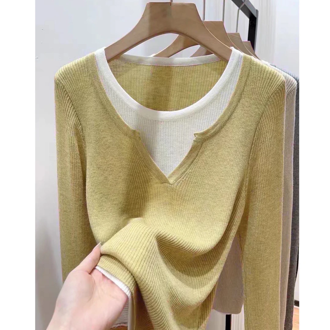 假两件内搭打底衫针织衫毛衣女2024早秋新款时尚洋气撞色宽松上衣