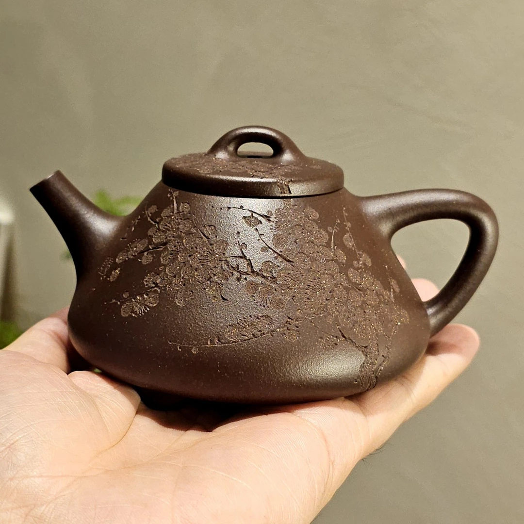 子冶石瓢壶 约210cc 墨梅刻绘 原矿老紫泥 手工紫砂壶 家用茶具