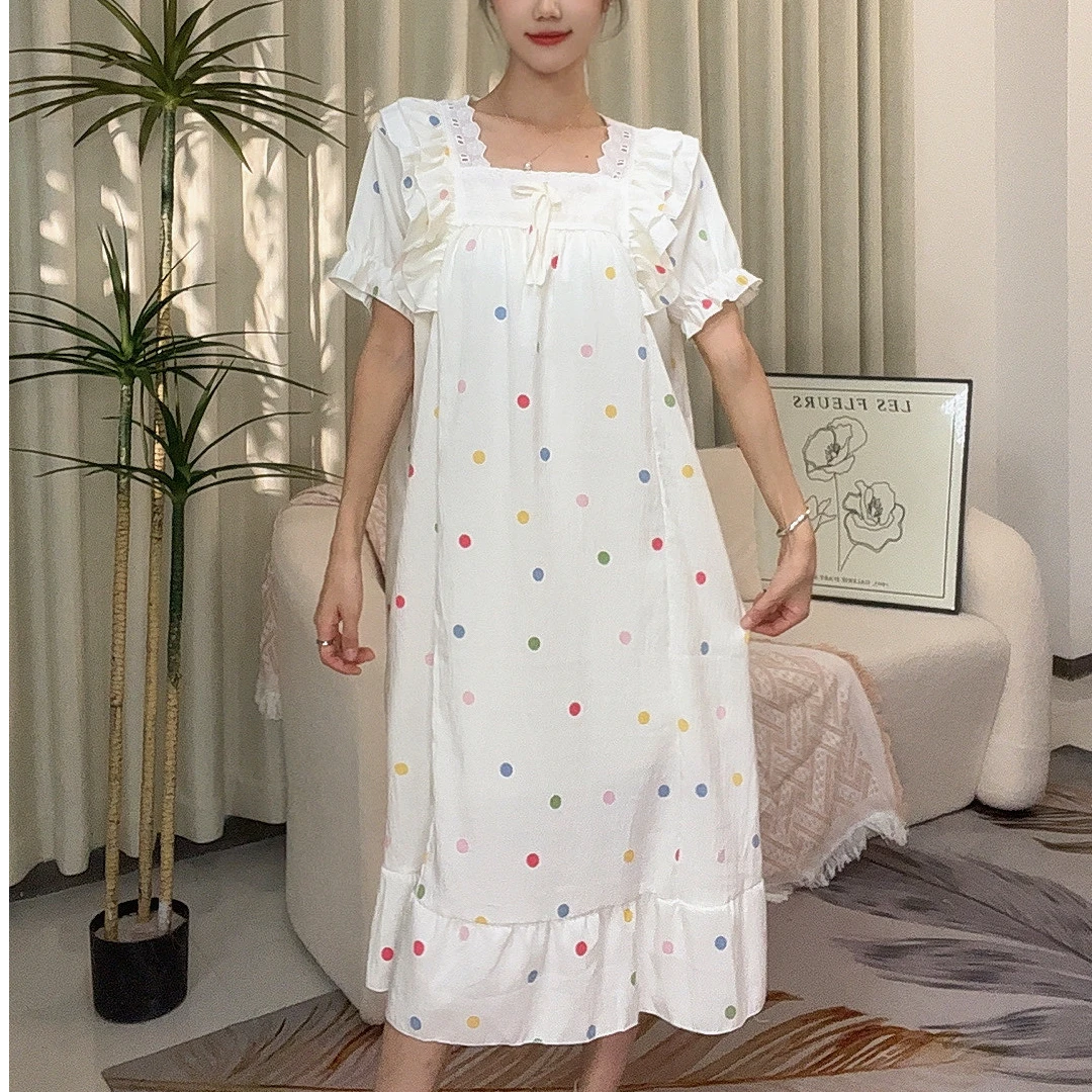 带胸垫夏短袖透气波点睡裙女新款蕾丝卡通印花ins风甜美学生长裙