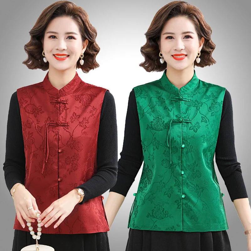 妈妈春装复古风唐装马甲外套洋气中老年女装春秋坎肩时尚马夹上衣