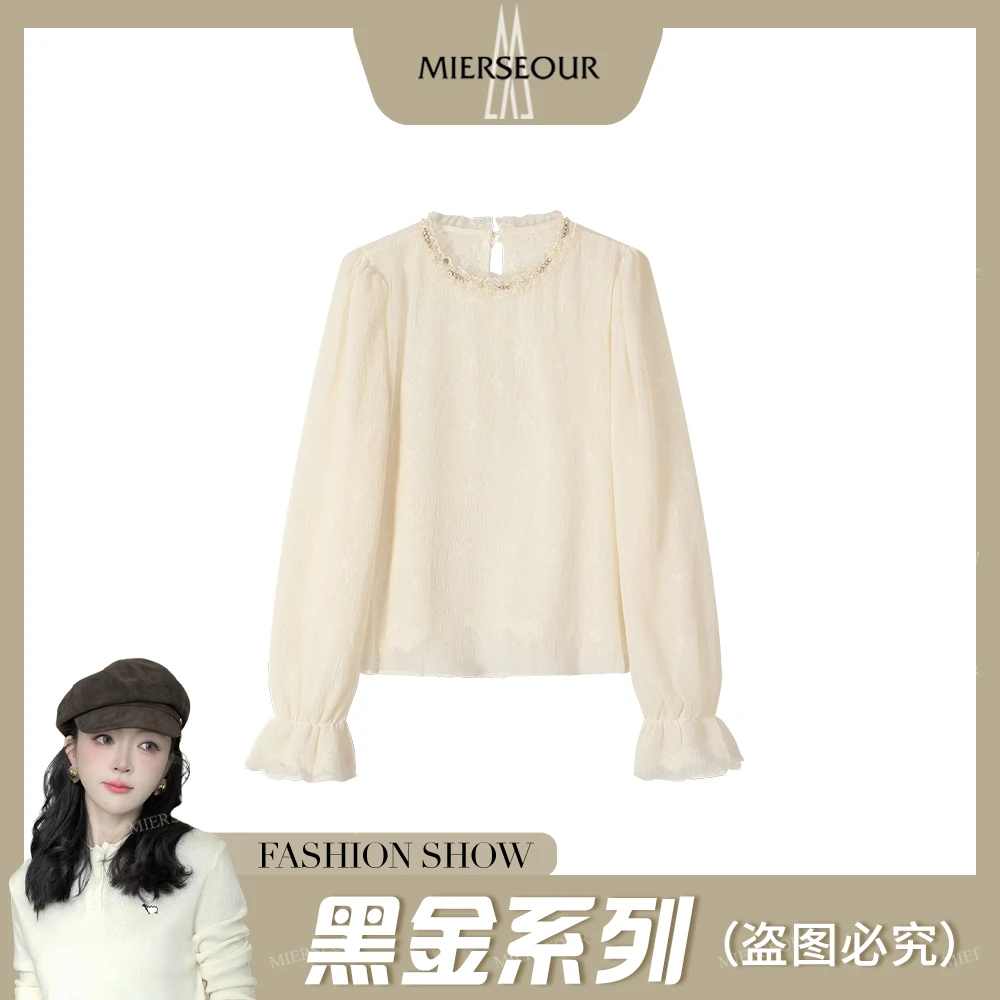 MIERSEOUR黑l金系列新款法式宫廷风喇叭袖钉珠上衣8685555