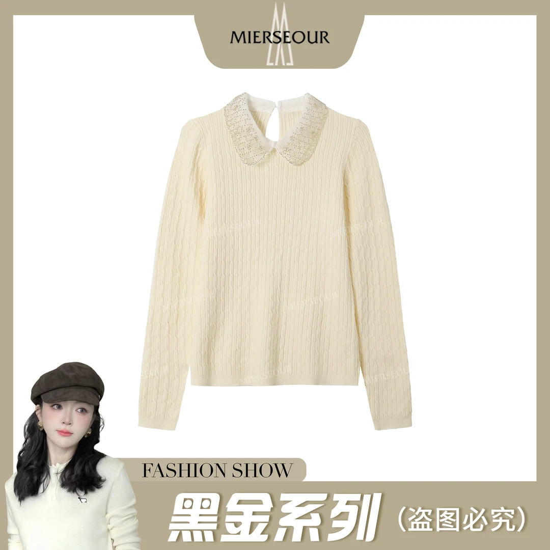 MIERSEOUR黑l金系列新款法式钉珠翻领针织上衣6012