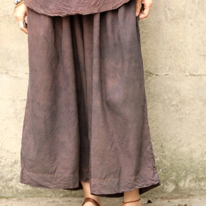 凉夏知喜晴之裤子～暖丑自制植物染色织砂洗柞蚕丝暗纹阔腿裤～夏季