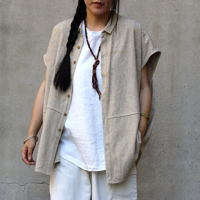 往事不记～后事不提～暖丑自制原麻色柞蚕丝老料帅气衬衫马夹外搭 ~