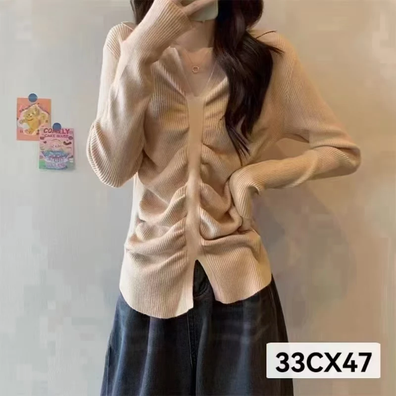 33CX47春秋季纯欲polo领褶皱长袖针织打底衫上衣修身收腰短款毛衣