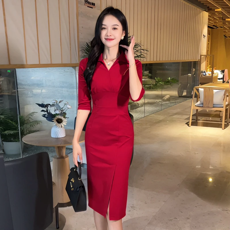 春季新款包臀连衣裙高级感时尚修身通勤气质女装红色知性中袖裙子
