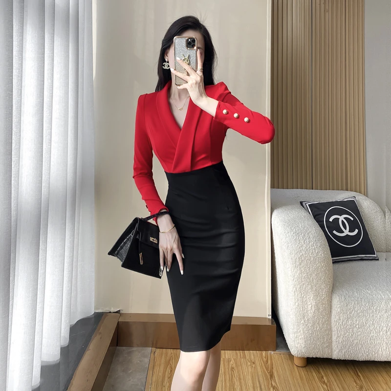 高级感黑红拼接职业西装裙假两件套修身包臀连衣裙秋季气质女裙子