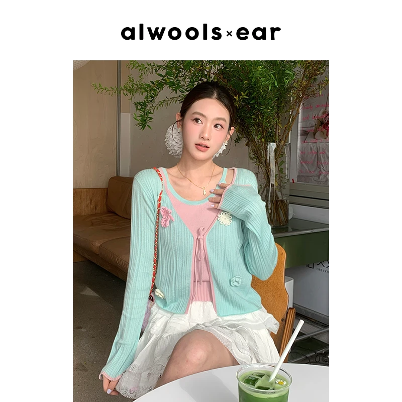 ALWOOLS钩针花朵立体撞色针织开衫套装