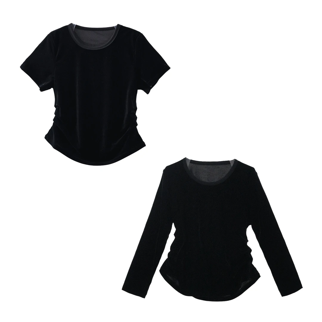 初春经典极简圆领丝绒收腰时尚轻奢半袖弧形百搭休闲短袖显瘦T恤