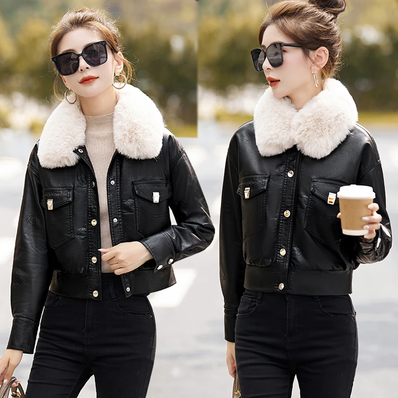加绒皮衣外套女秋冬修身显瘦时尚加厚保暖小个子短款毛领真皮夹克