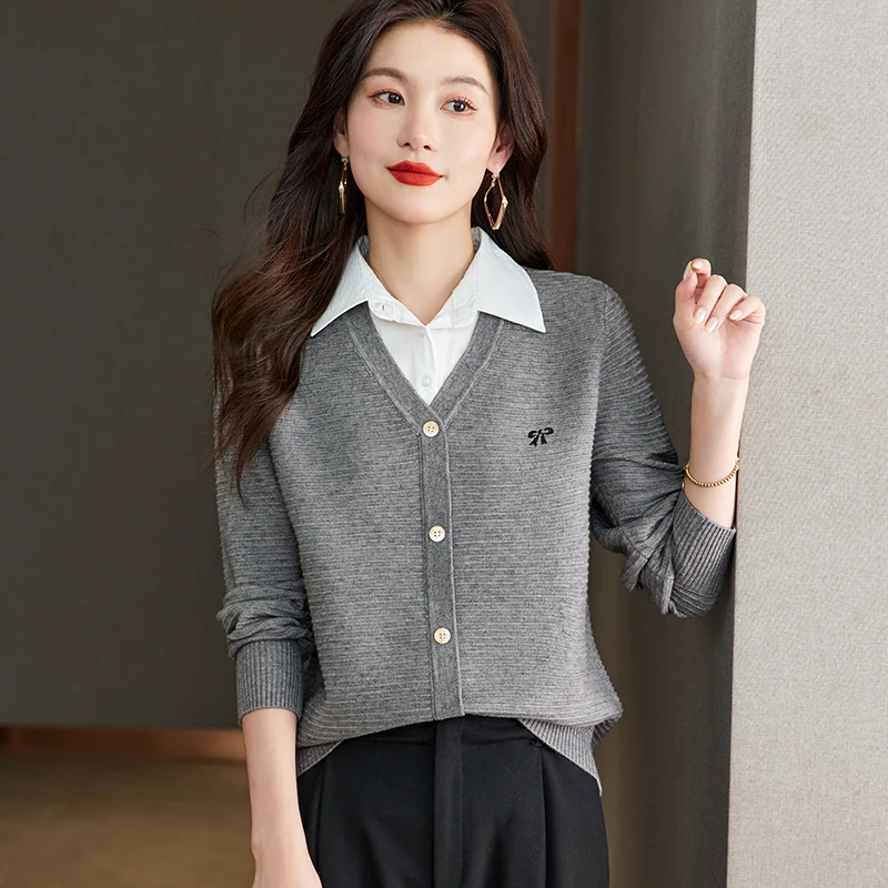 假两件上衣女时尚洋气2024春秋衬衣领宽松针织毛衣长袖打底衫5825