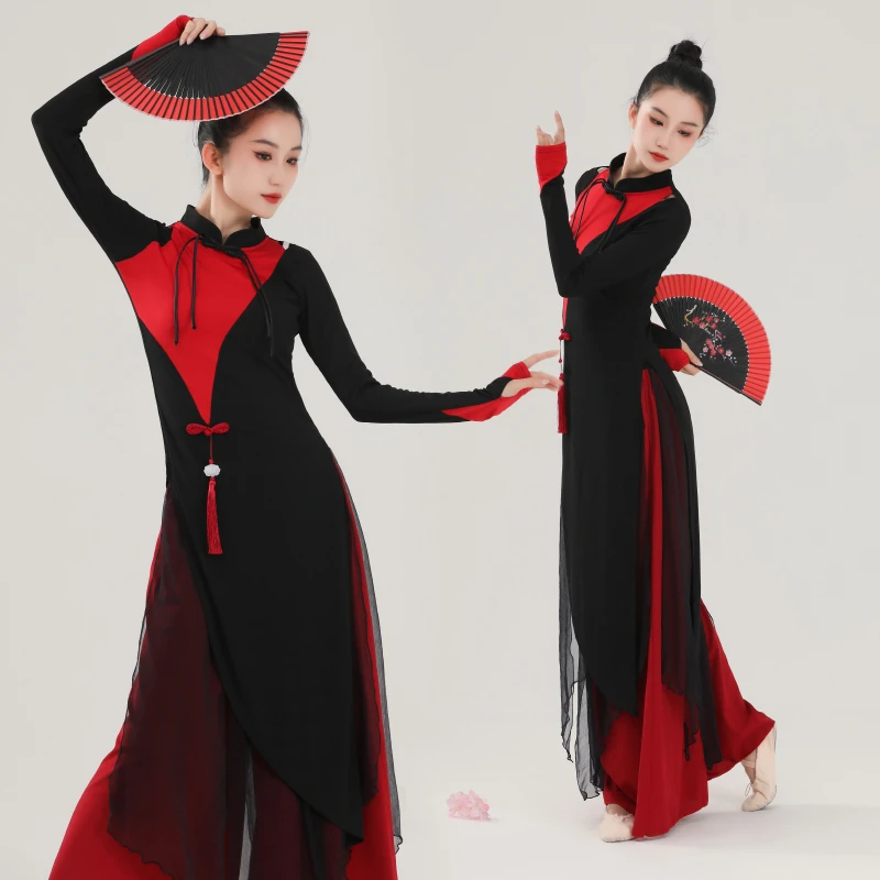 新款古典舞蹈服女飘逸练功旗袍长款上衣中国风民族现代演出服套装