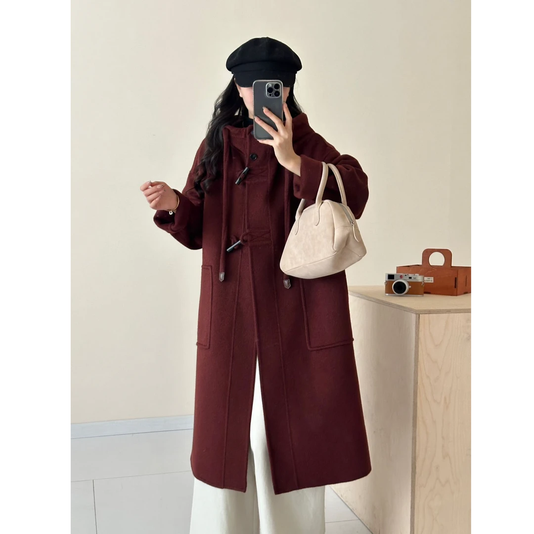 厚款连帽长款毛呢外套女装外套双面羊毛呢子百搭秋冬气质8031