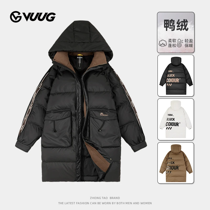 VUUG中长款运动羽绒服男士款冬季连帽加绒加厚轻薄保暖灰鸭绒外套