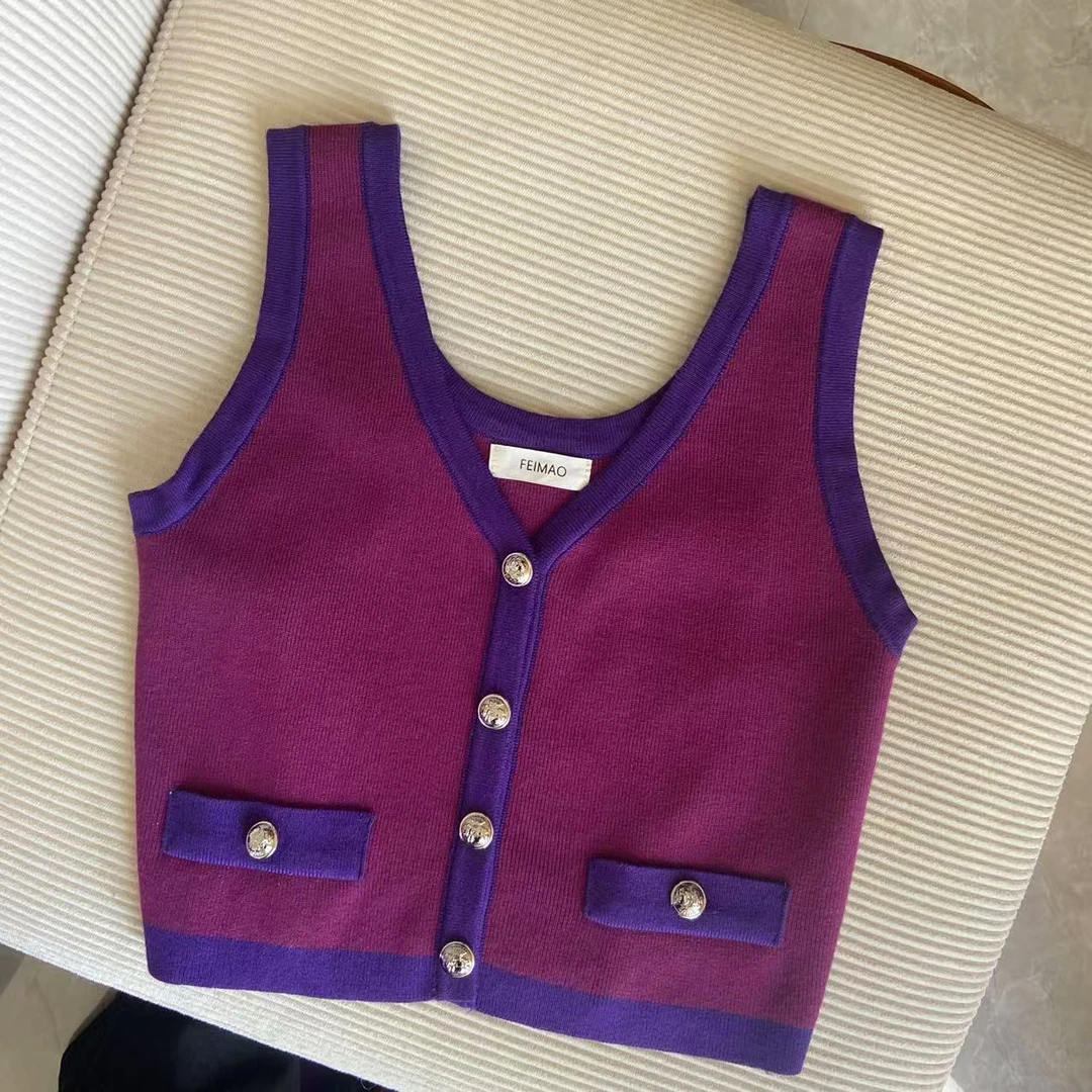 【CHEN】洋气内搭显白紫色无袖上衣时尚v领针织背心24103027