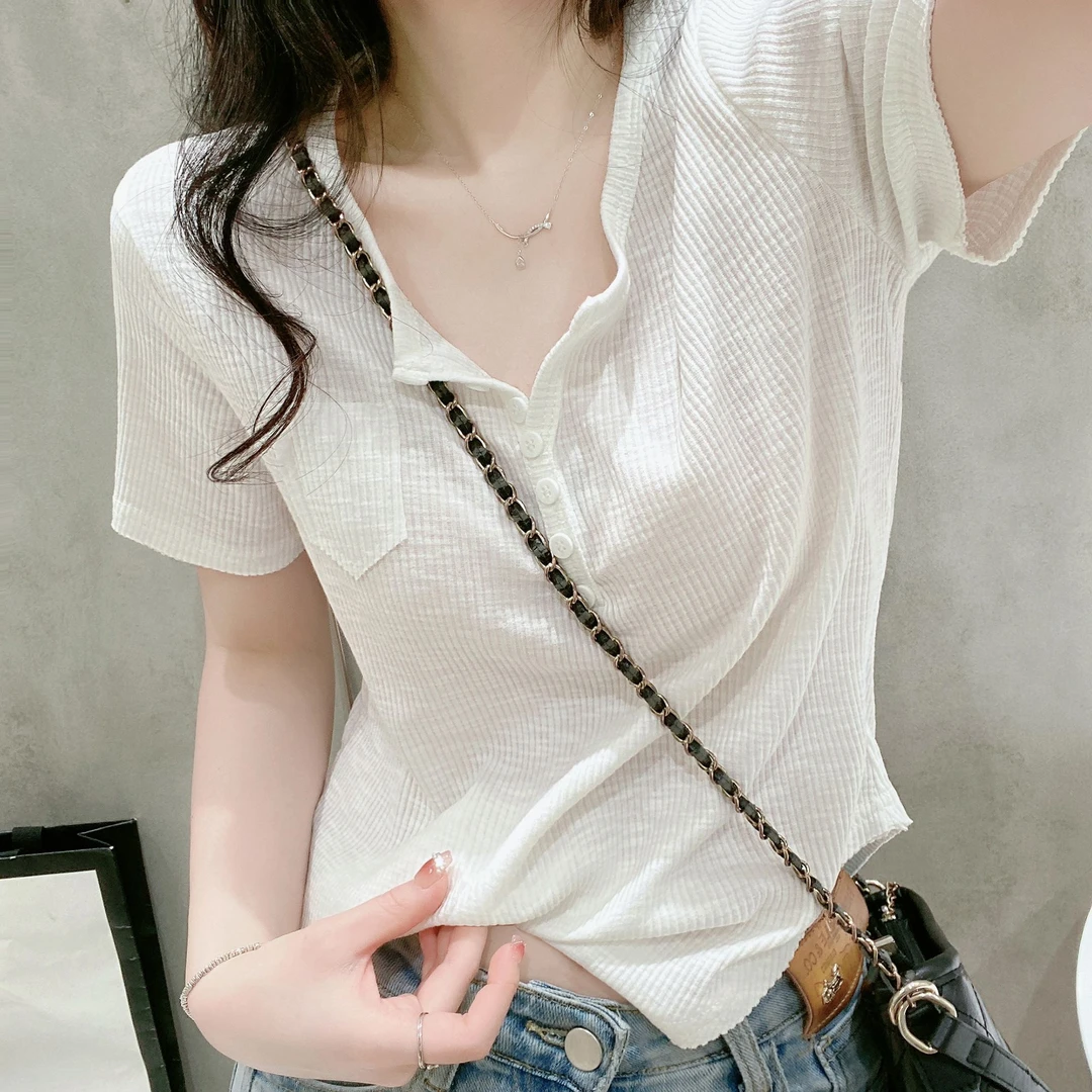 白色短袖t恤女夏季新款修身v领竹节棉长袖小众设计感女款上衣