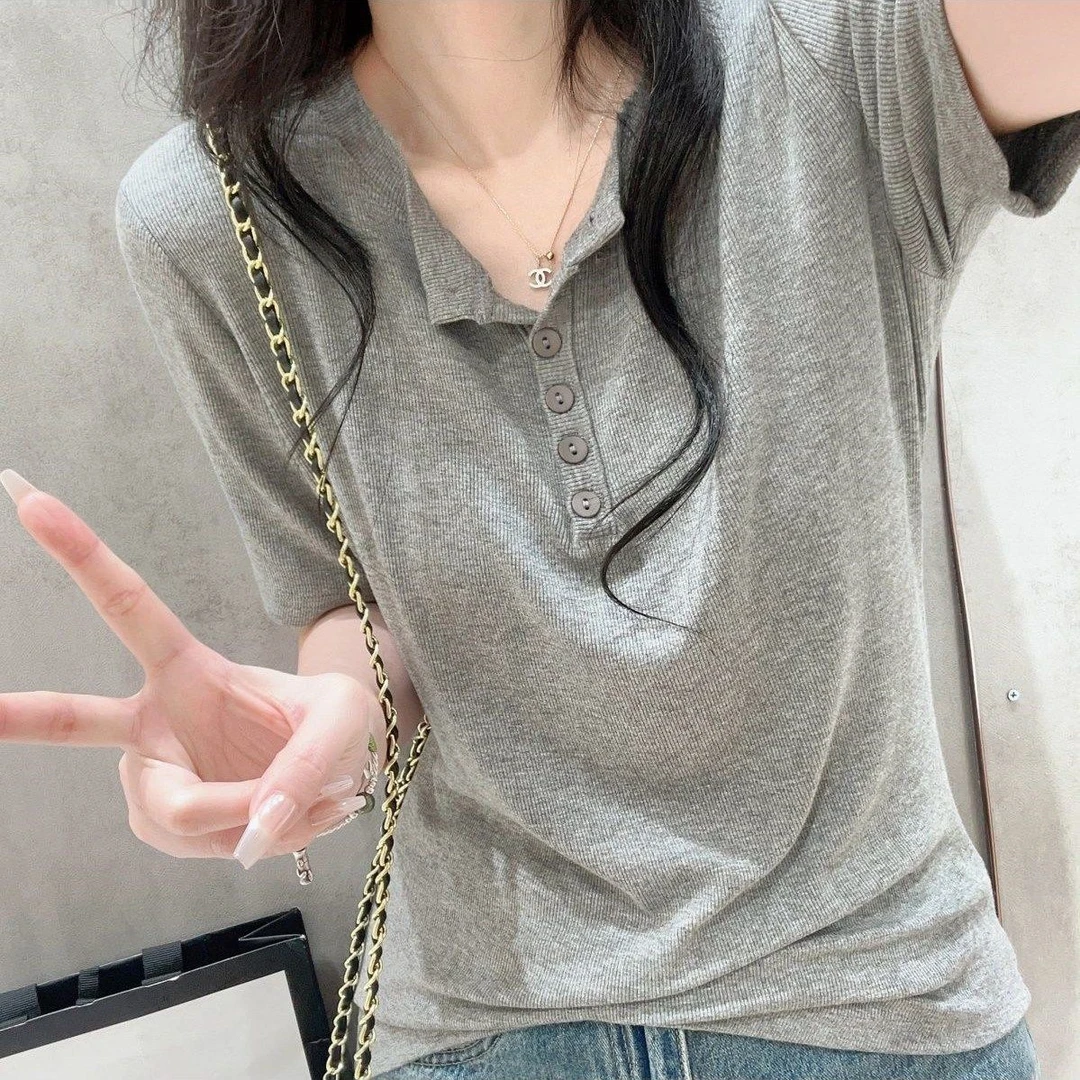 灰色正肩短袖t恤女2025夏季冰丝螺纹修身显瘦设计感小众韩系上衣