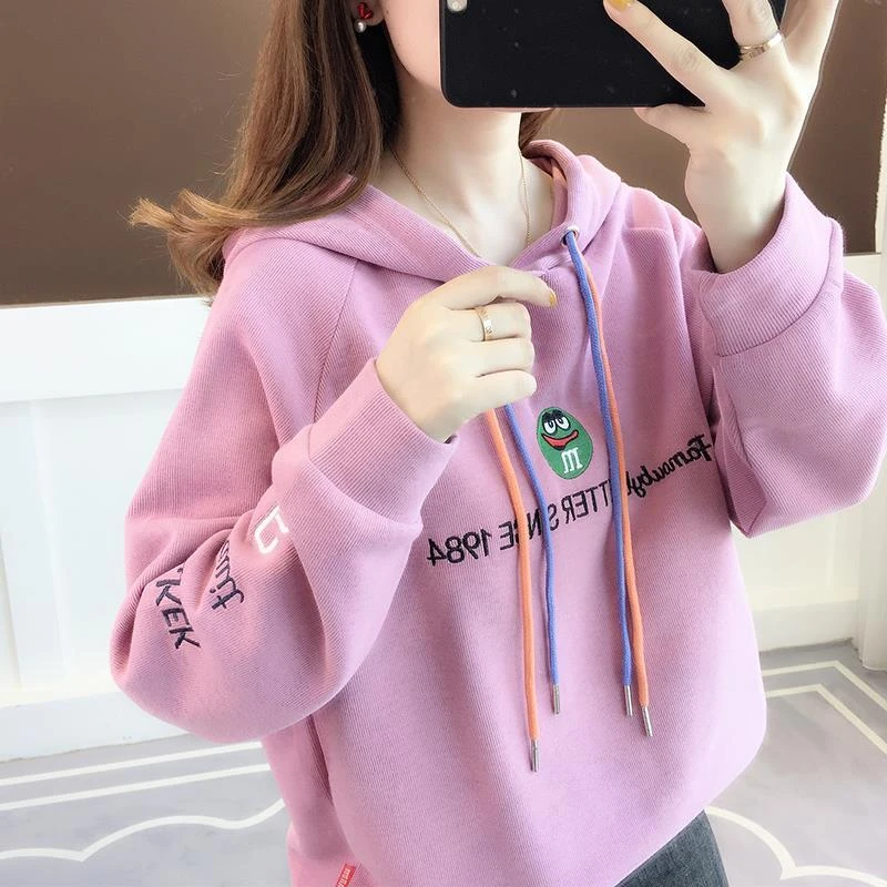 宽松连帽卡通刺绣卫衣女春秋新款洋气百搭显瘦学生时尚连帽衫女款
