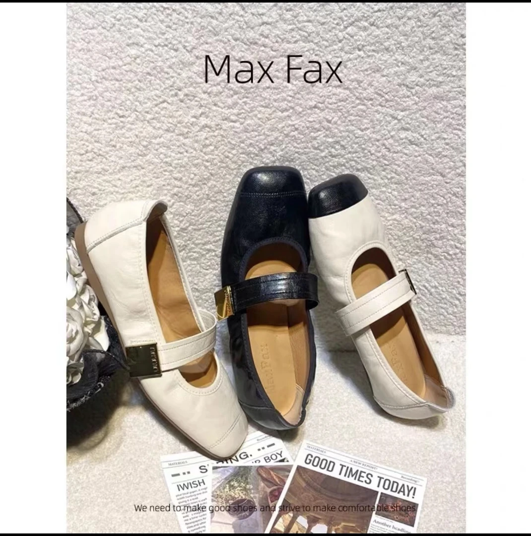 2024新款方头法式粗跟软底复古真皮百搭时尚平底浅口一字带单鞋