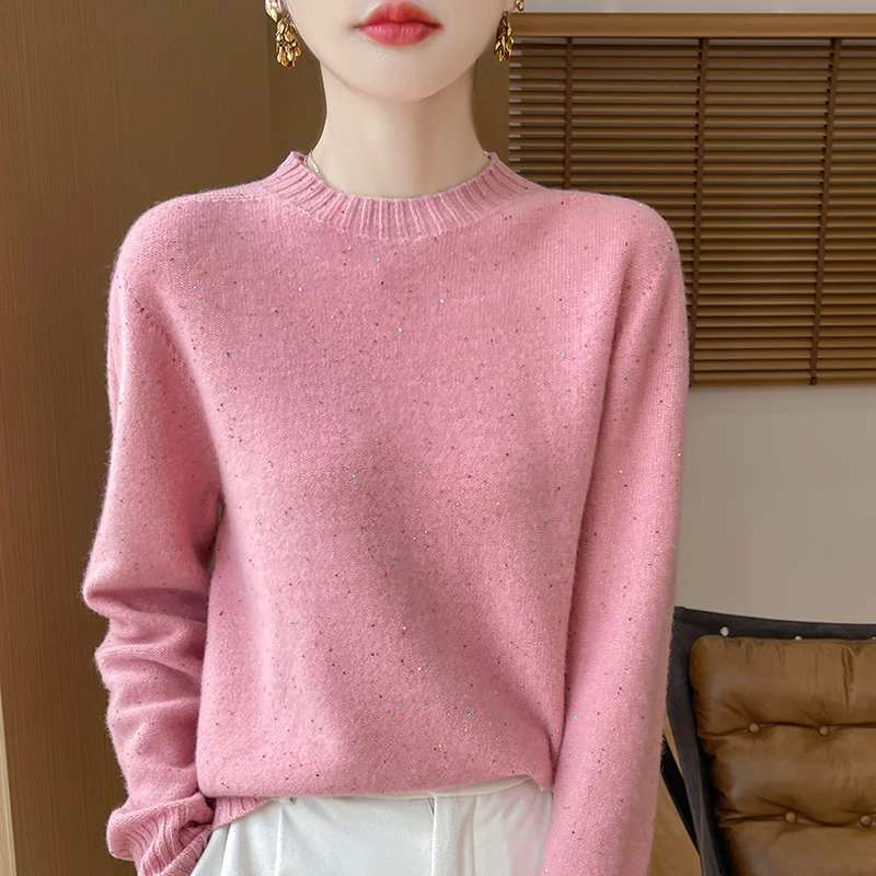 一线成衣～圆领100%纯羊毛衫女套头红色毛衣宽松针织打底衫秋冬