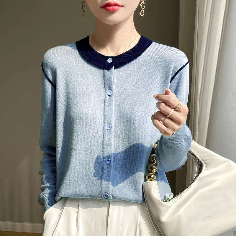 圆领精纺含羊毛长袖针织开衫宽松显瘦外搭上衣春秋