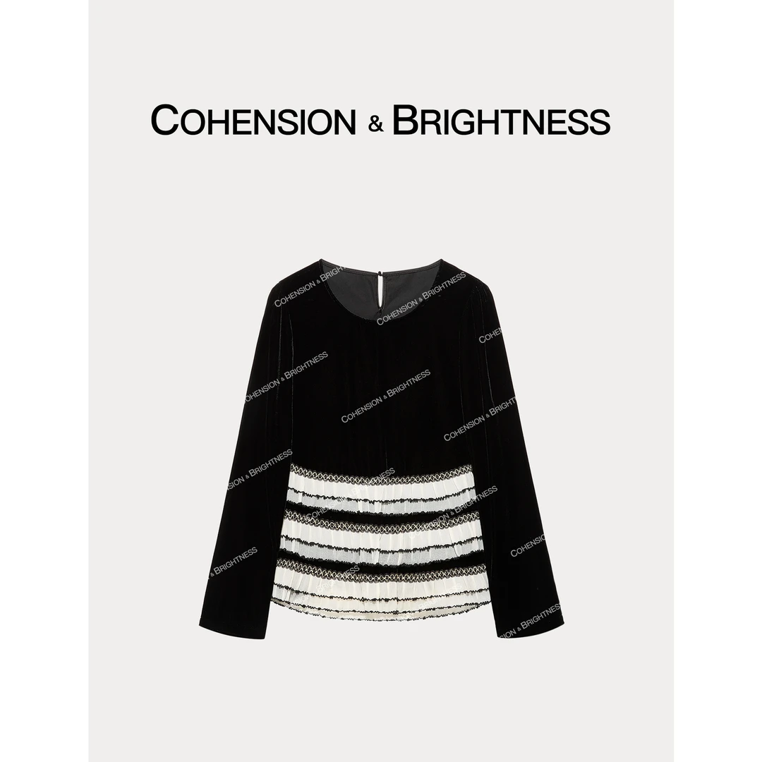 凝慧真的好【黑天使】时尚圆领拼接花边撞色洋气衬衫CQ019