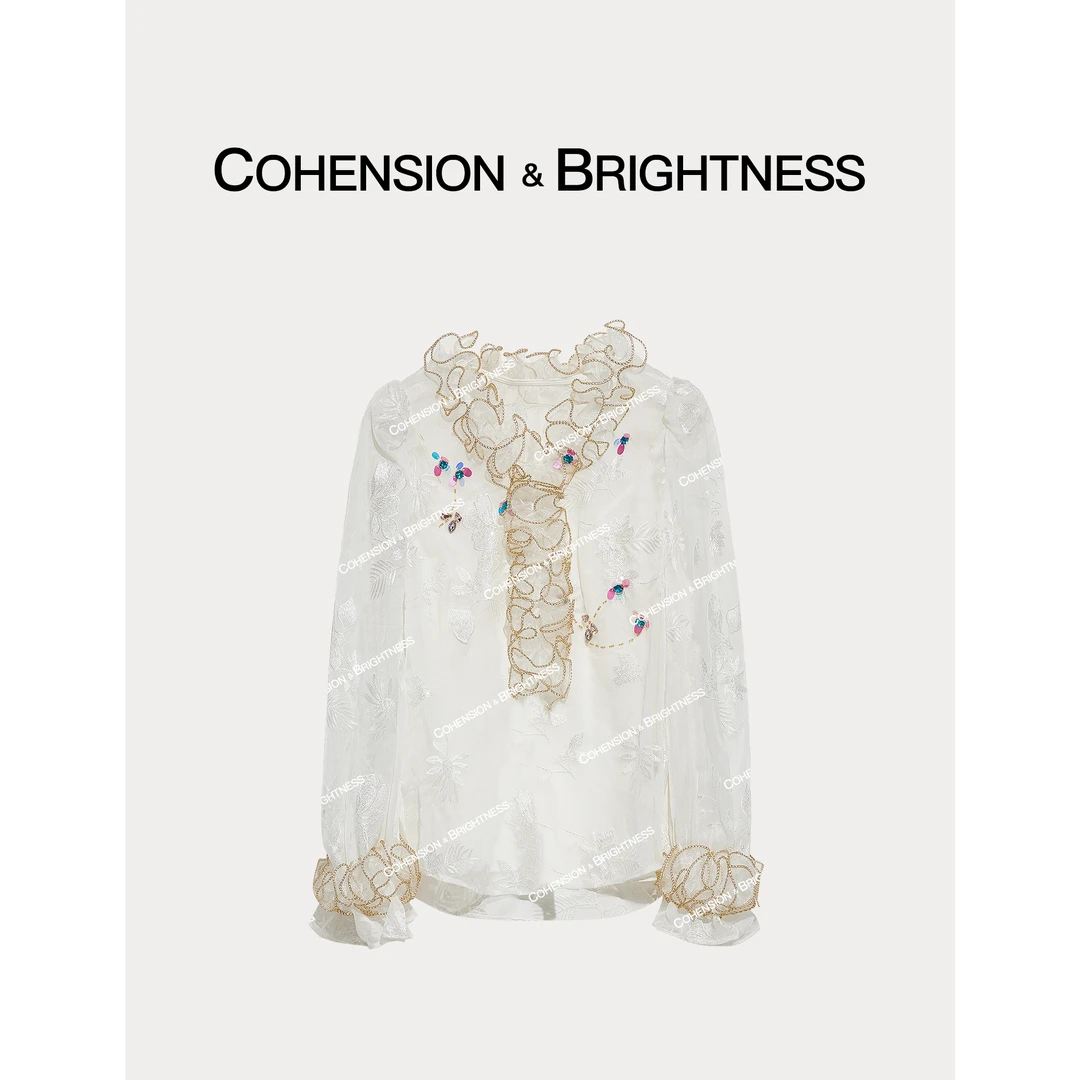 凝慧真的好【簪花入梦】新款木耳边刺绣钉钻时尚气质衬衫CQ001