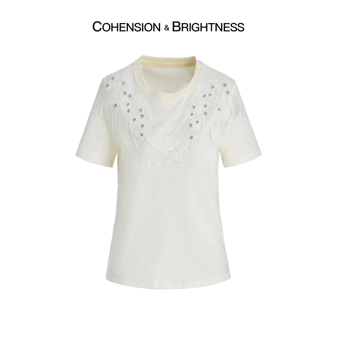 凝慧真的好【飞羽之空】春夏重工亮片拼接白色时尚圆领短袖T恤CO235