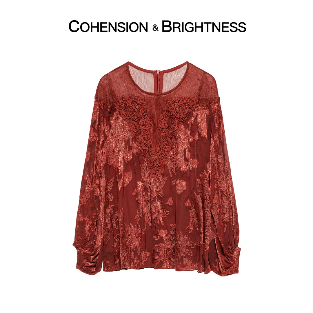 凝慧真的好【朝云红锦】新款轻国风微透提花拼接蕾丝上衣CP198