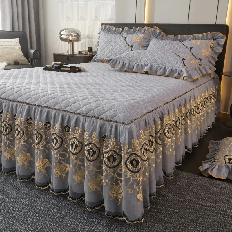 A类夹棉床裙三件套高档蕾丝床罩床盖单件席梦思保护罩防滑床笠套