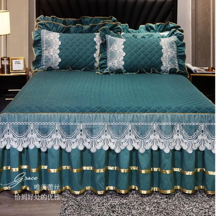 单件棉床裙蕾丝边床罩三件套棉四季通用防滑高档床套夹棉加厚优雅