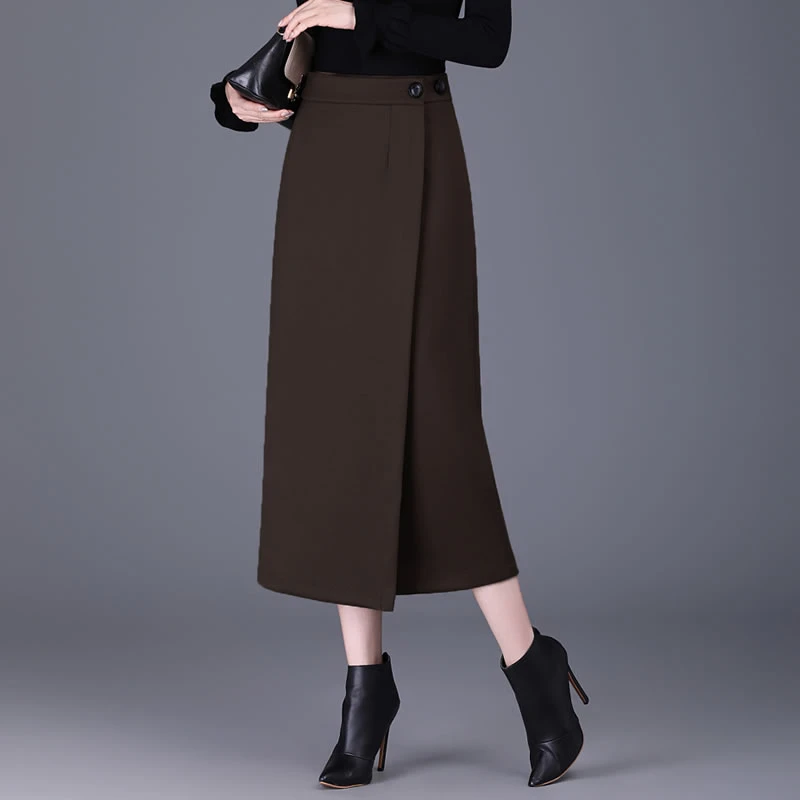 毛呢半身裙女秋冬新款气质长裙一片式别致独特裙子直筒开叉包臀裙