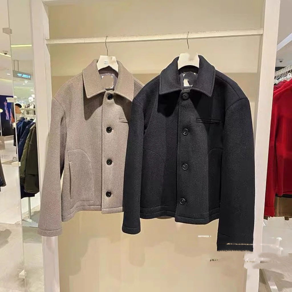 韩国冬款小翻领廓形复古休闲羊.毛呢外套大衣