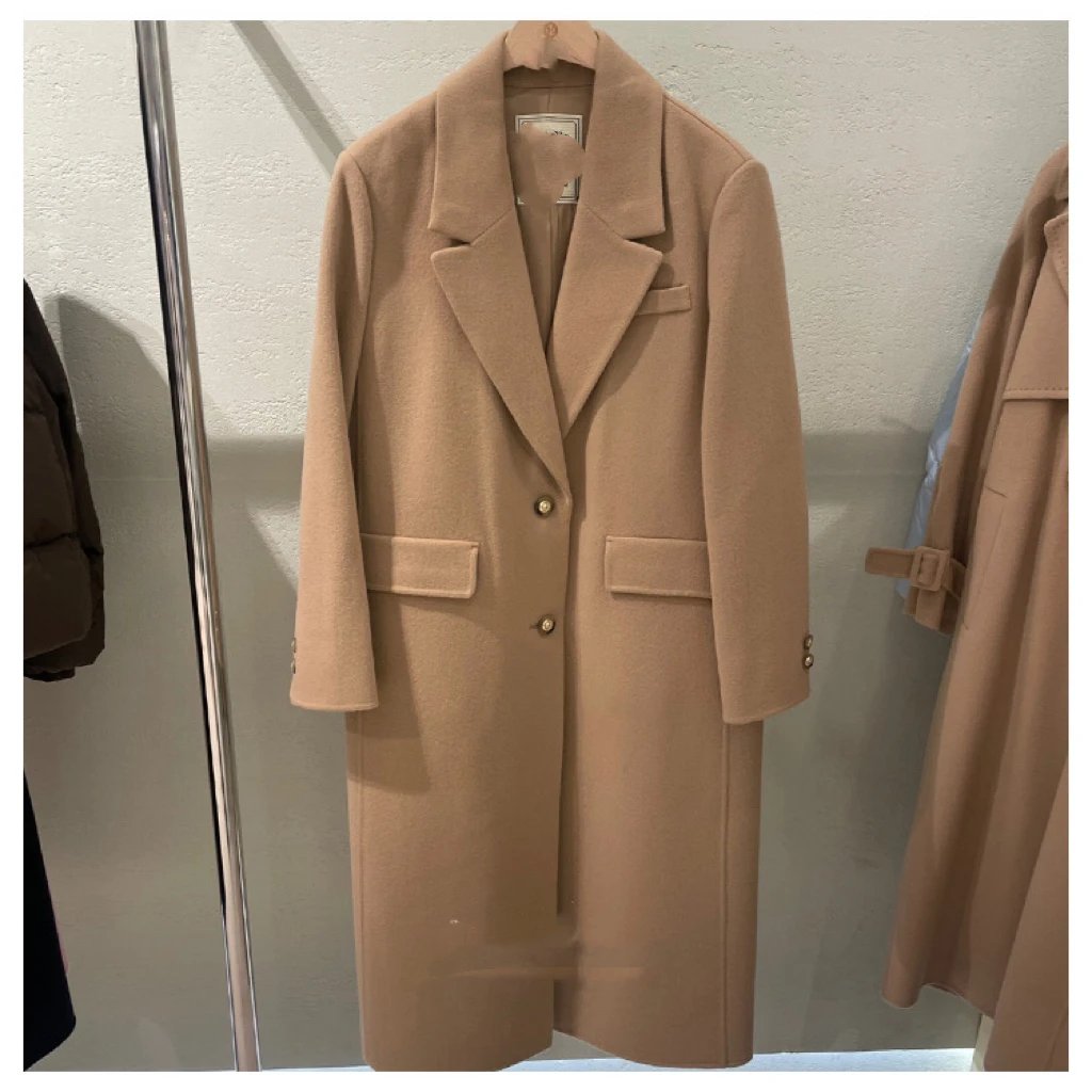 韩国D冬E款长款W两颗L扣后腰拉双面手缝羊.毛大衣外套D09Z