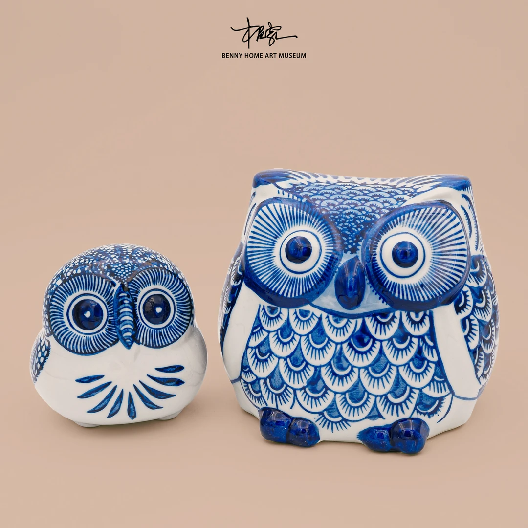 【本尼家】YY1新中式青花瓷猫头鹰陶瓷饰品茶具装饰客厅玄关摆件
