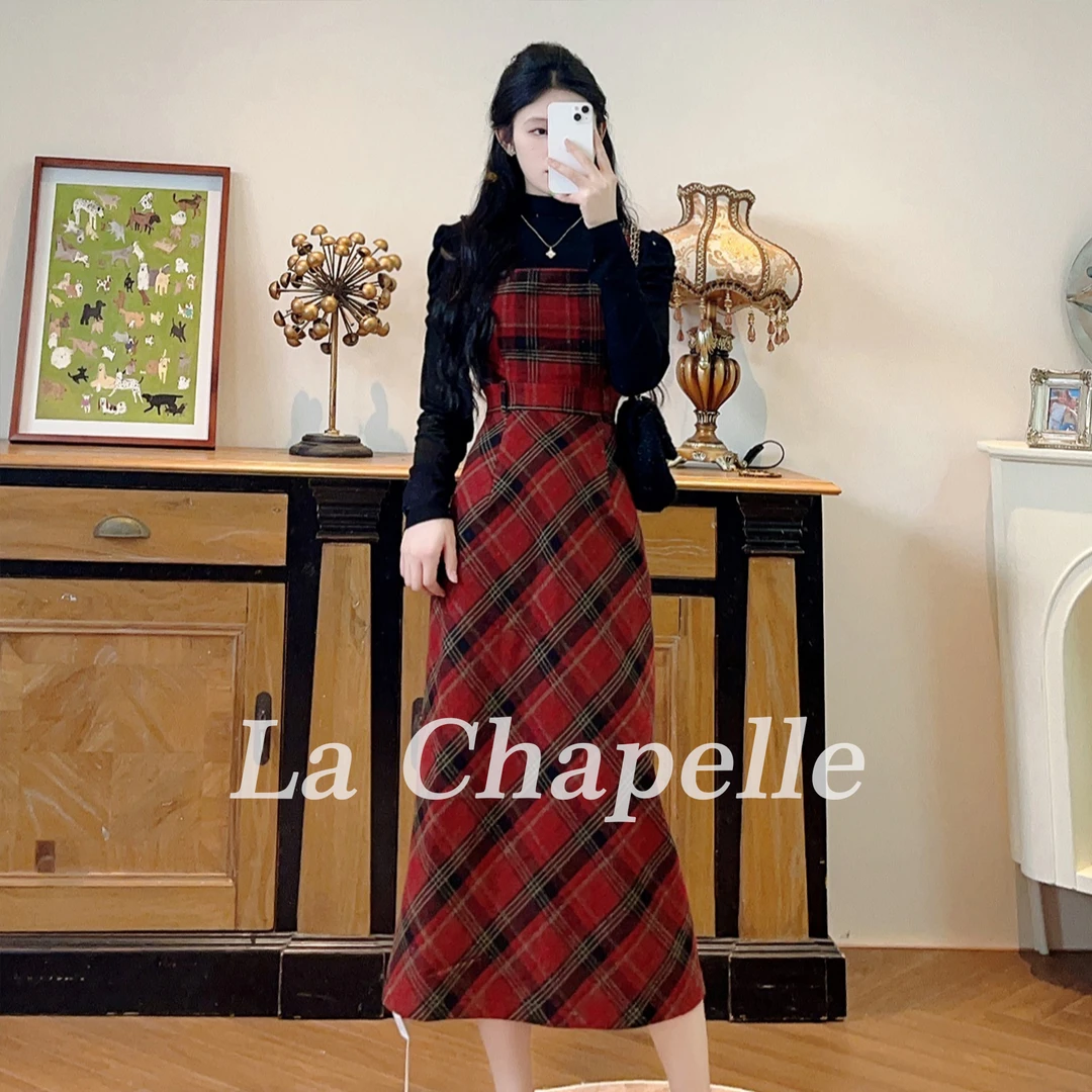 拉夏贝尔25秋新现货轻熟百搭格子设计感上衣+背带裙 10143 LSC