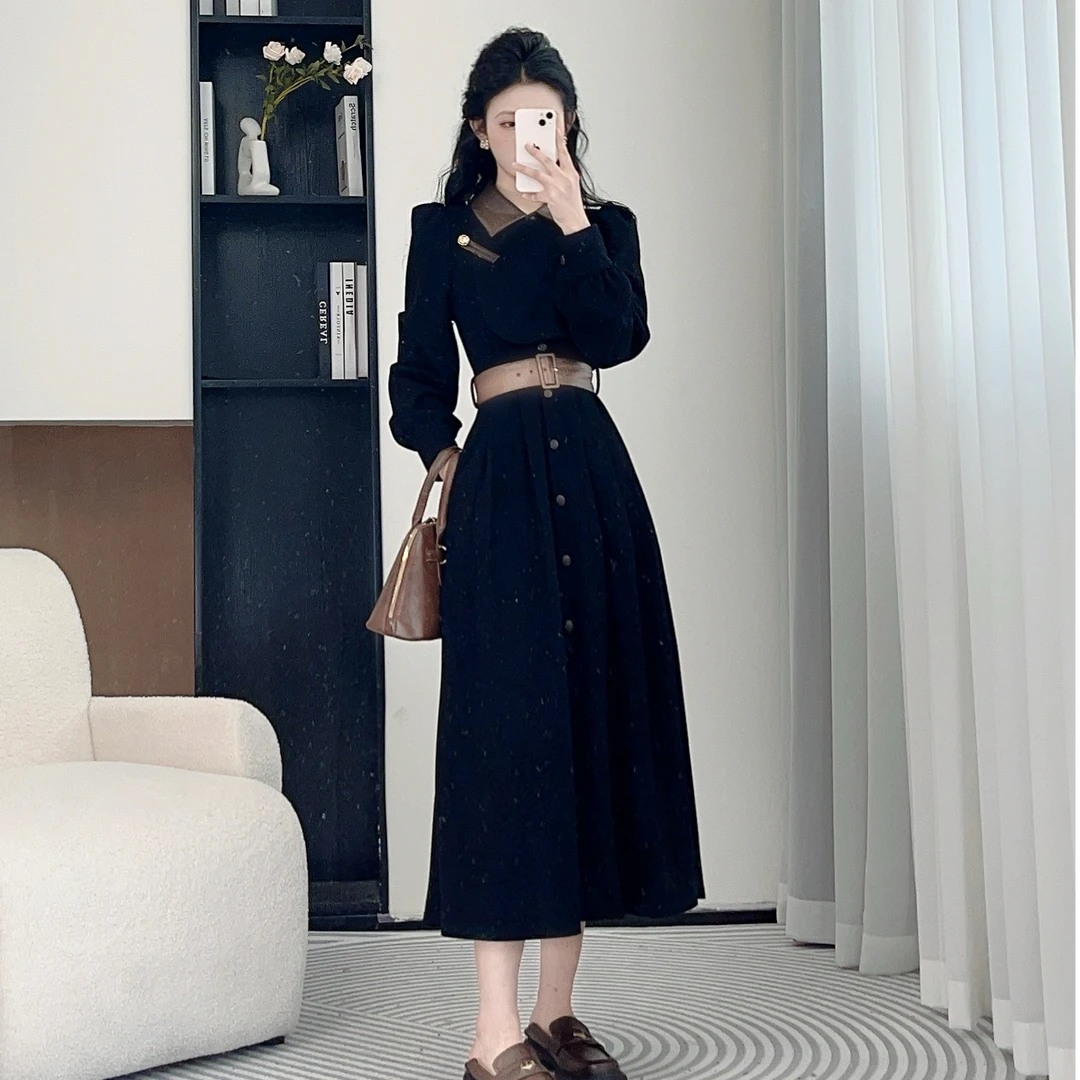 拉夏贝尔25年春季新款时尚长袖欧诺风高级感连衣裙 10200 ZZC