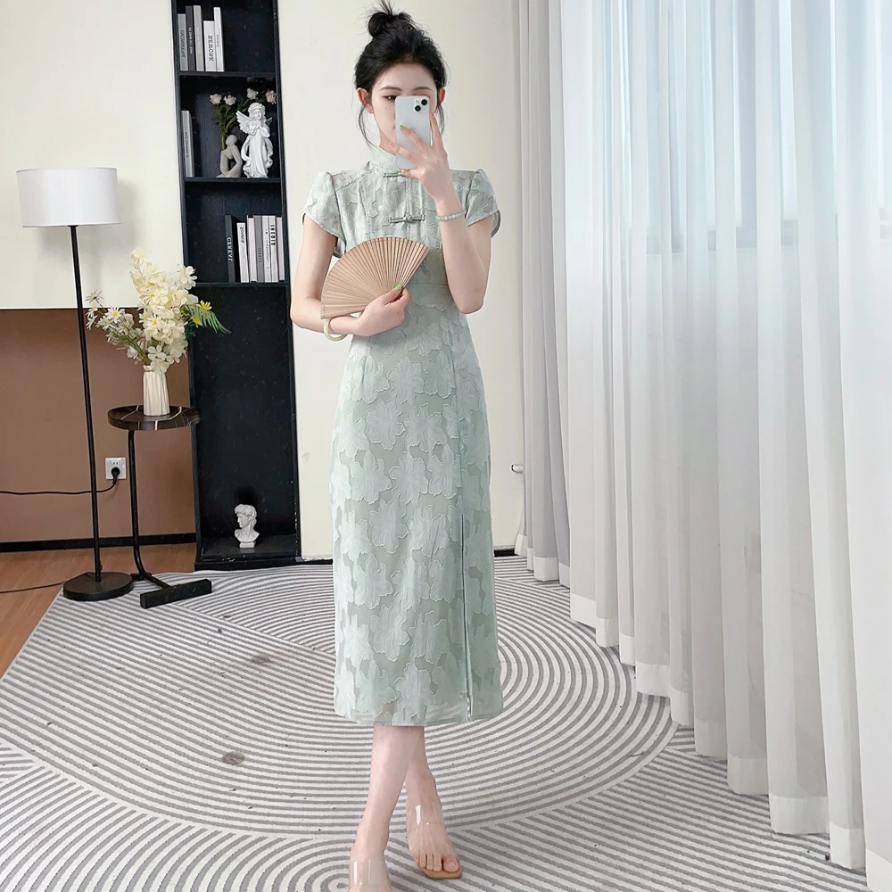 拉夏贝尔2024夏季新款风感波粒气质显瘦中国风连衣裙 1281 BXJ