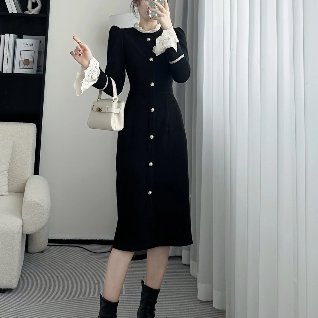 拉夏贝尔24现货秋新法式气质保暖热力高级感高腰连衣裙 9946 LSC