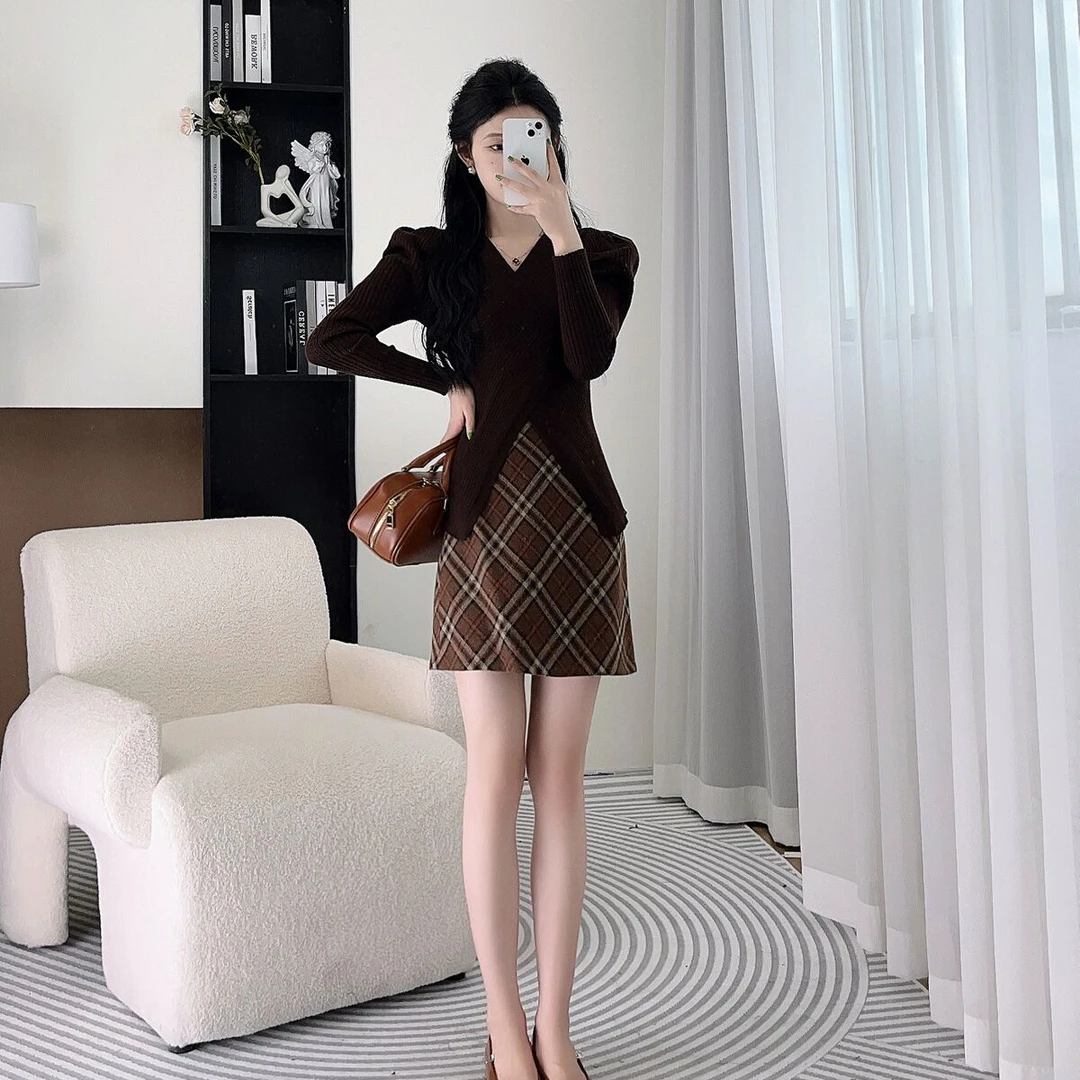 拉夏贝尔2024秋季新款时尚百搭格子设计感上衣+半裙 5838 BCK