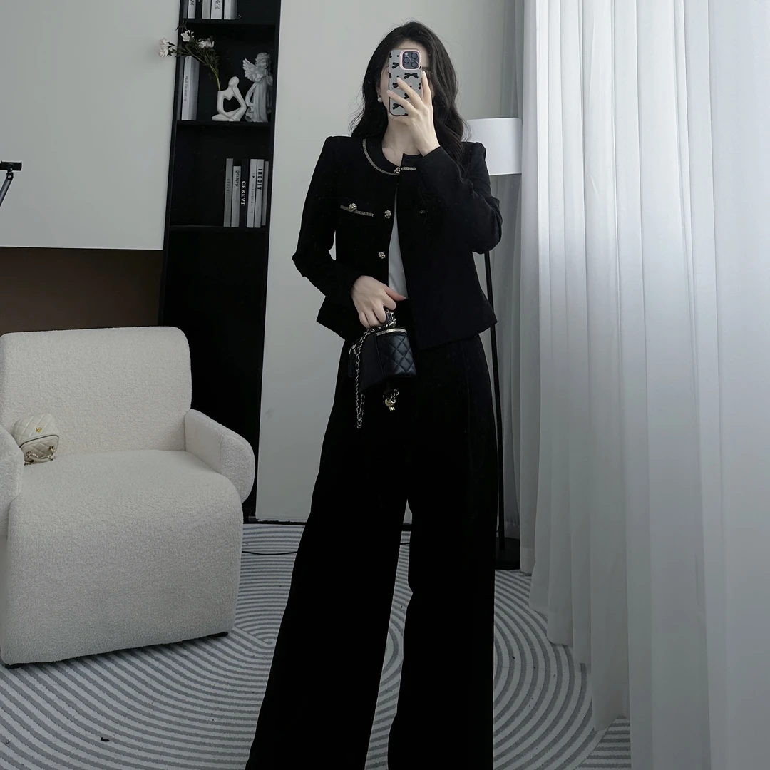 拉夏贝尔24现货秋小香风高级收腰潮流显瘦上衣＋直筒裤 10076 AZQ