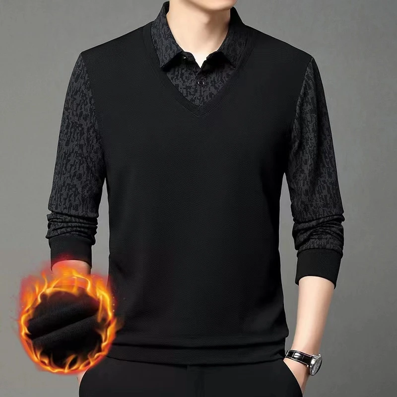 【加绒加厚】2024男士冬季商务休闲时尚百搭翻领假两件加绒POLO衫