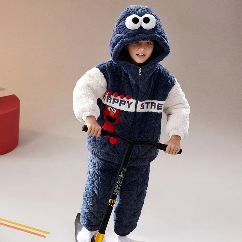 儿童睡衣冬季加绒加厚保暖男童卡通夹棉珊瑚绒男孩毛绒冬款家居服