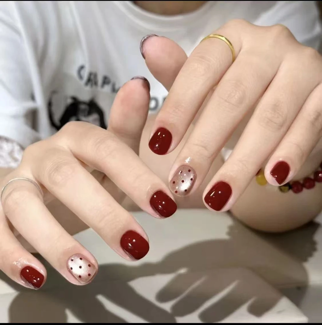 【红运】可爱显白流行红色跳色纯手工穿戴波点猫眼美甲穿戴甲短款